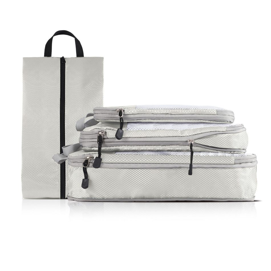 4-piece Set Beige Compression Travel Storage Bags Set, Mesh Travel Organizers for Luggage, Foldable and Space-Saving Packing Cubes