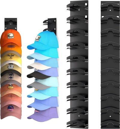 1 Pcs Black Adjustable Hat Organizer Rack for Baseball Caps - Space Saving Wall-Mounted Hat Storage with 2 Hanging Methods for Display and Storage(Baseball cap is a shooting prop and is not included)