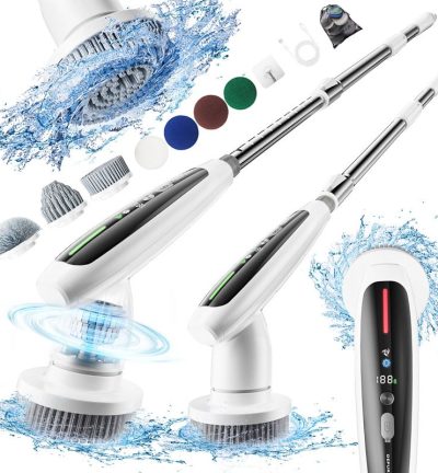 Electric Spin Scrubber with Adjustable Extension Handle & 8 Brush Heads - Smart LED Display