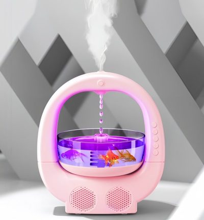 Pink 3-in-1 Anti-Gravity Water Drop Humidifier with Bluetooth Speaker & LED Fish Tank Light