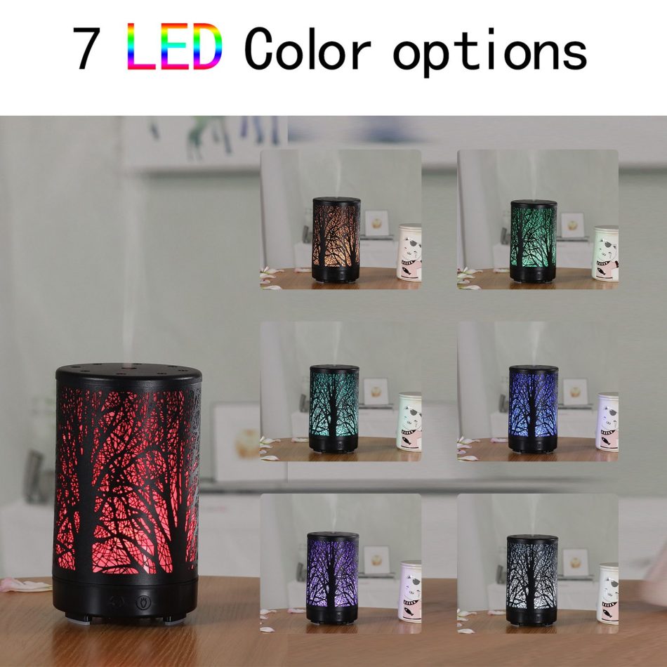 Khaki and Black Forest Design Iron Essential Oil Diffuser - 7 Color LED Ultrasonic Cool Mist Humidifier 100ml - Image 2