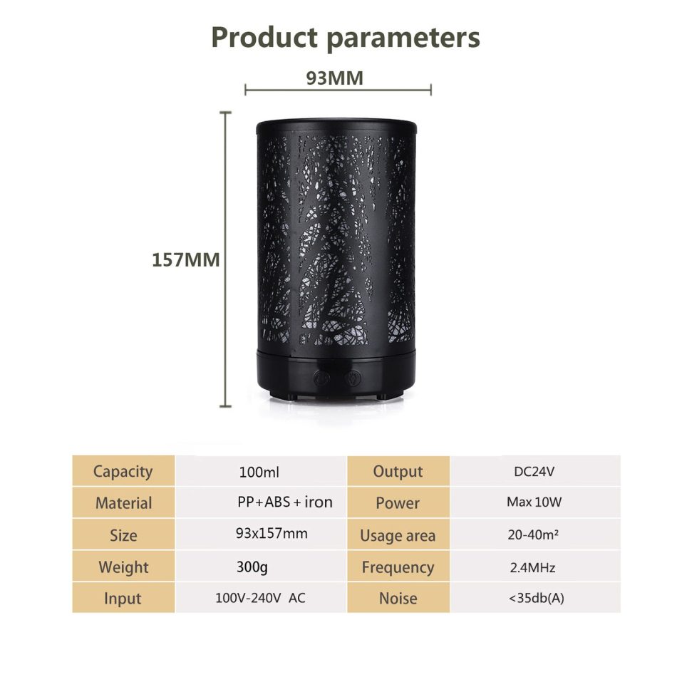 Khaki and Black Forest Design Iron Essential Oil Diffuser - 7 Color LED Ultrasonic Cool Mist Humidifier 100ml - Image 3