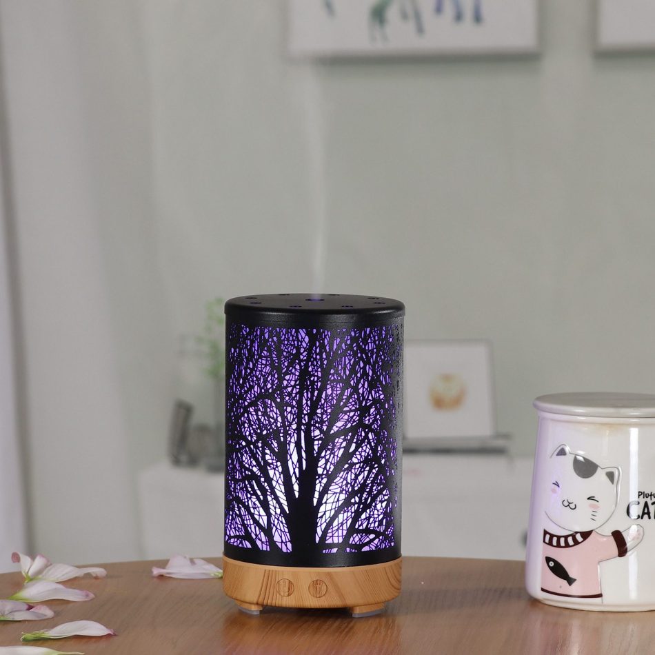 Khaki and Black Forest Design Iron Essential Oil Diffuser - 7 Color LED Ultrasonic Cool Mist Humidifier 100ml - Image 4