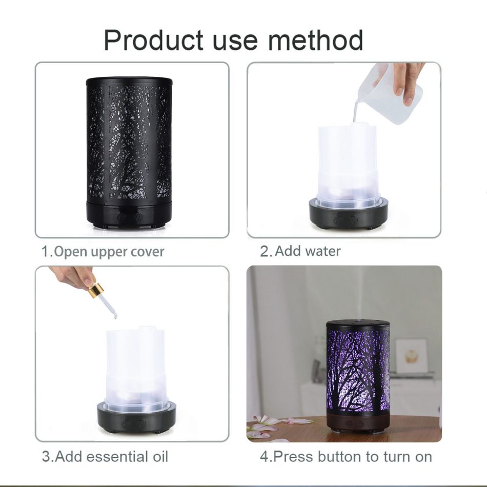 Coffee and Black Forest Design Iron Essential Oil Diffuser - 7 Color LED Ultrasonic Cool Mist Humidifier 100ml - Image 5