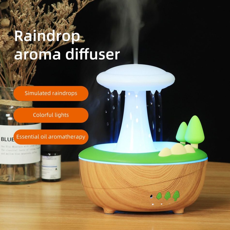 White Woodgrain Raindrop Mushroom Aroma Diffuser - 280mL Ultrasonic Humidifier with Colorful Lights - Image 2