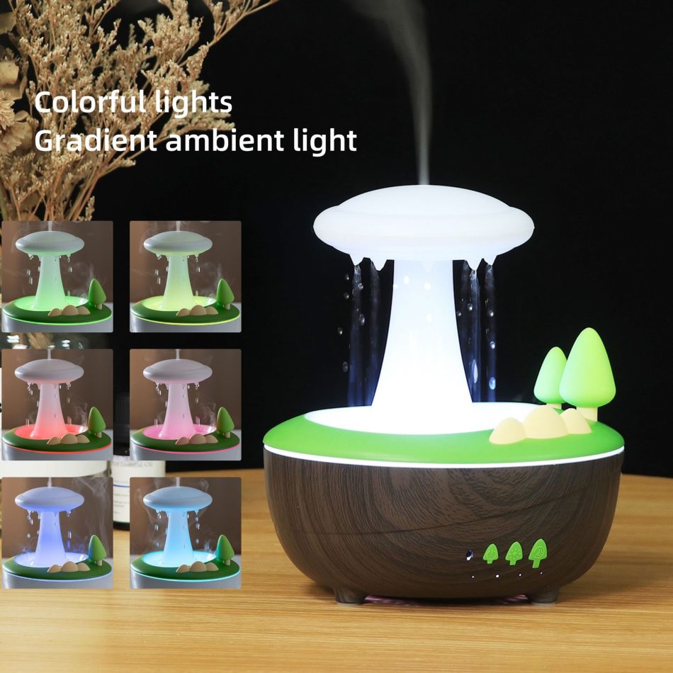 White Woodgrain Raindrop Mushroom Aroma Diffuser - 280mL Ultrasonic Humidifier with Colorful Lights - Image 3