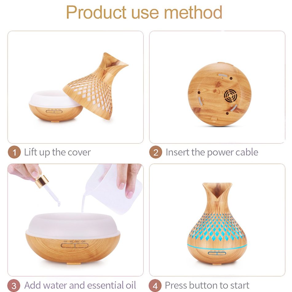 Light Woodgrain 500ml Wood-Grain Essential Oil Aroma Diffuser with Lattice Design and Humidifier - Image 2