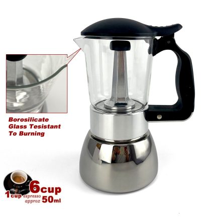 Borosilicate Glass Stainless Steel Moka Pot Coffee Maker Italian Espresso 6Cups