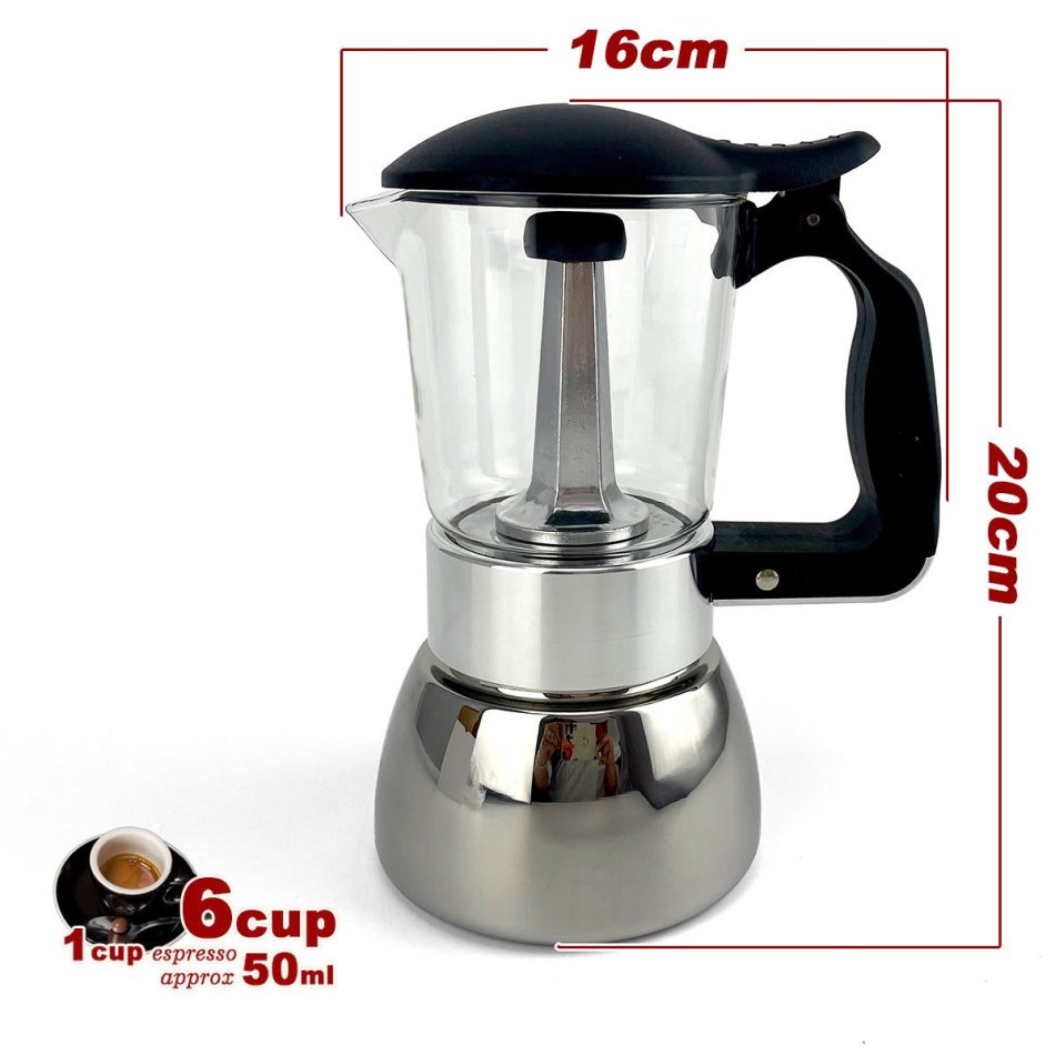 Borosilicate Glass Stainless Steel Moka Pot Coffee Maker Italian Espresso 6Cups - Image 2