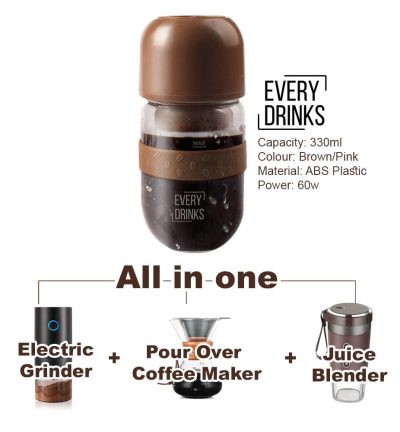 Brown All in1 Anywhere Portable Drip Pour Over Coffee Maker + Electric Grinder + Juice Blender Anywhere Freshly Ground Coffee