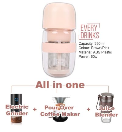 Pink All in1 Anywhere Portable Drip Pour Over Coffee Maker + Electric Grinder + Juice Blender Anywhere Freshly Ground Coffee