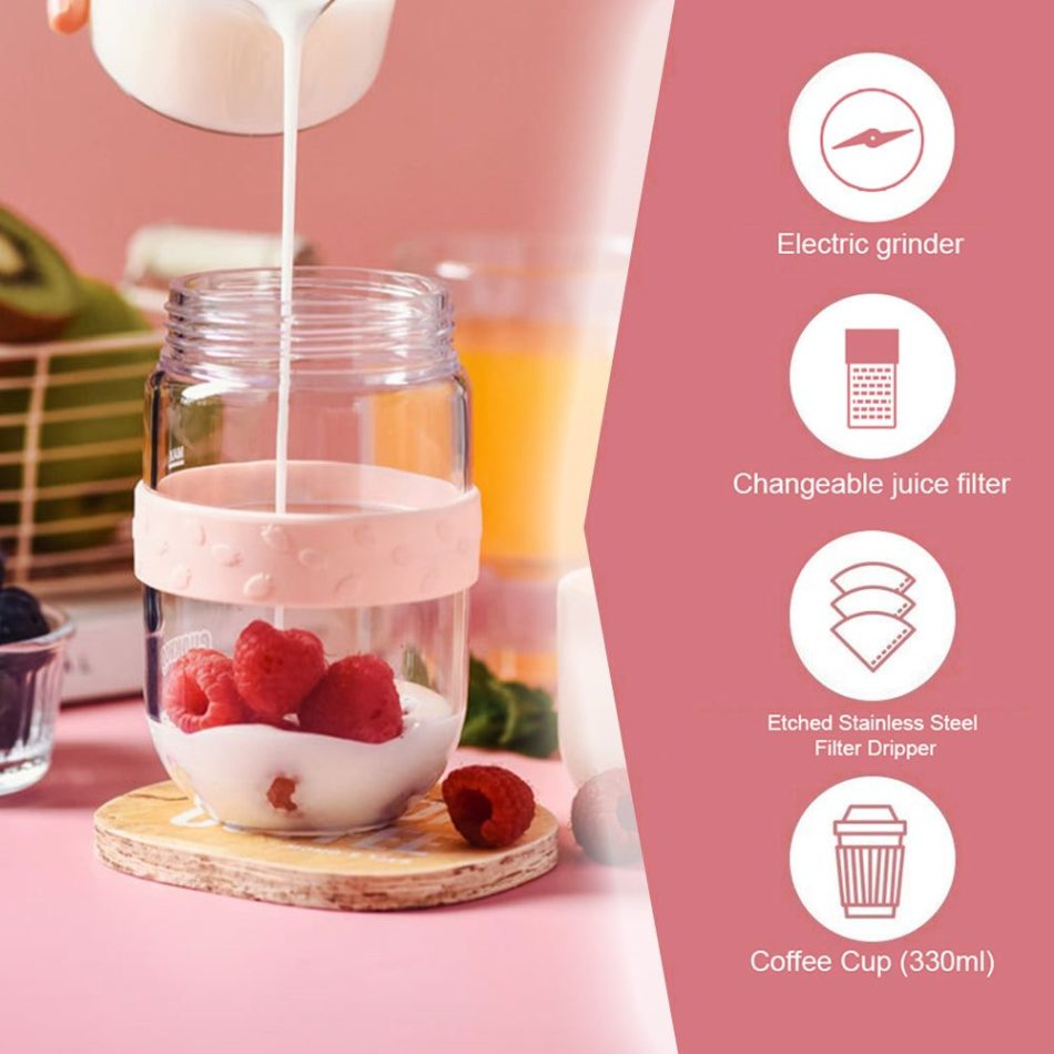 Pink All in1 Anywhere Portable Drip Pour Over Coffee Maker + Electric Grinder + Juice Blender Anywhere Freshly Ground Coffee - Image 2
