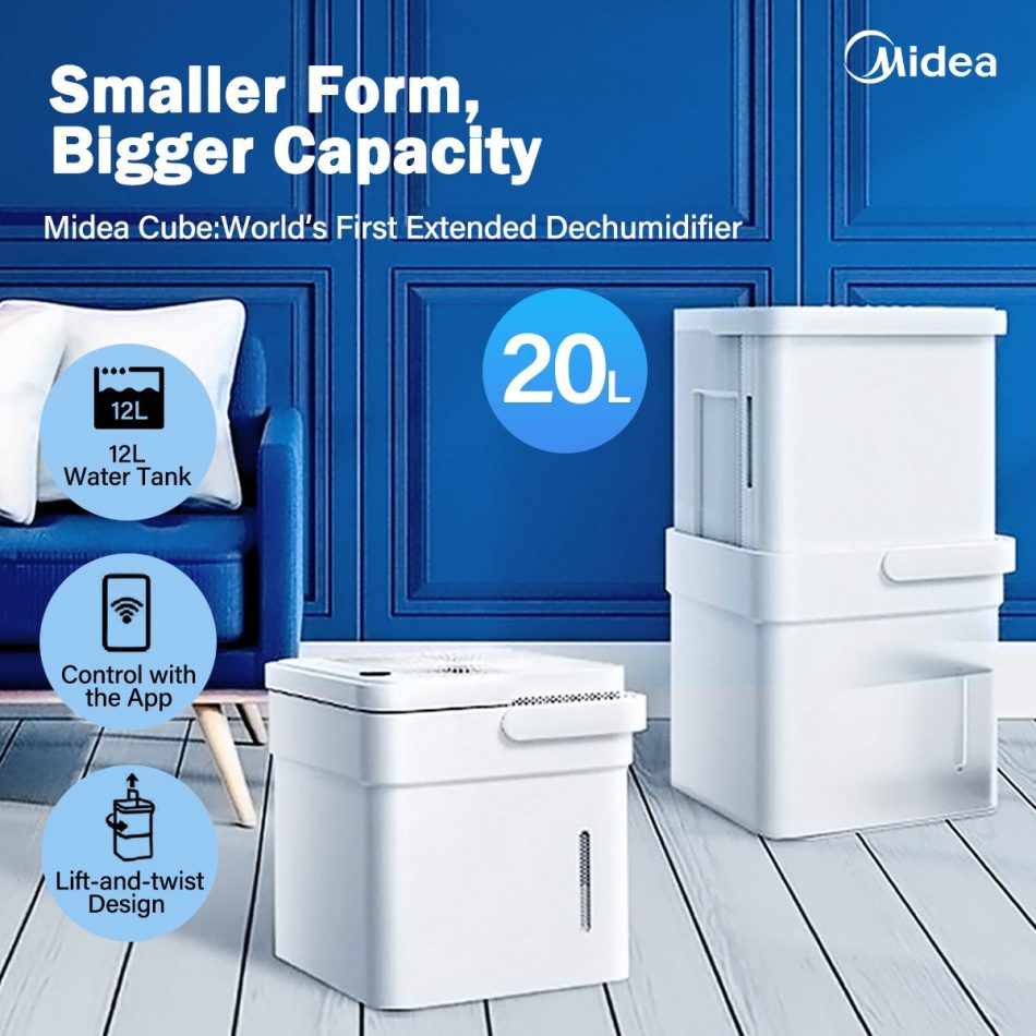 Midea Smart Cube Dehumidifier 20L/Day 12L Water Tank Compact Storage Full Water Warning - Image 2