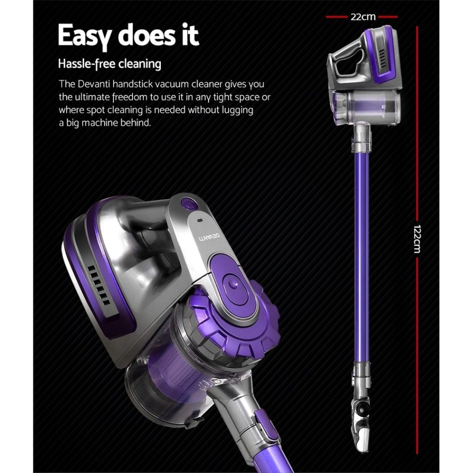 Devanti Stick Vacuum Cleaner Bagless Cordless 150W Purple - Image 2