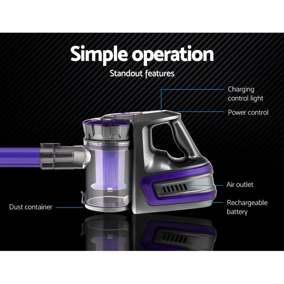 Devanti Stick Vacuum Cleaner Bagless Cordless 150W Purple - Image 4