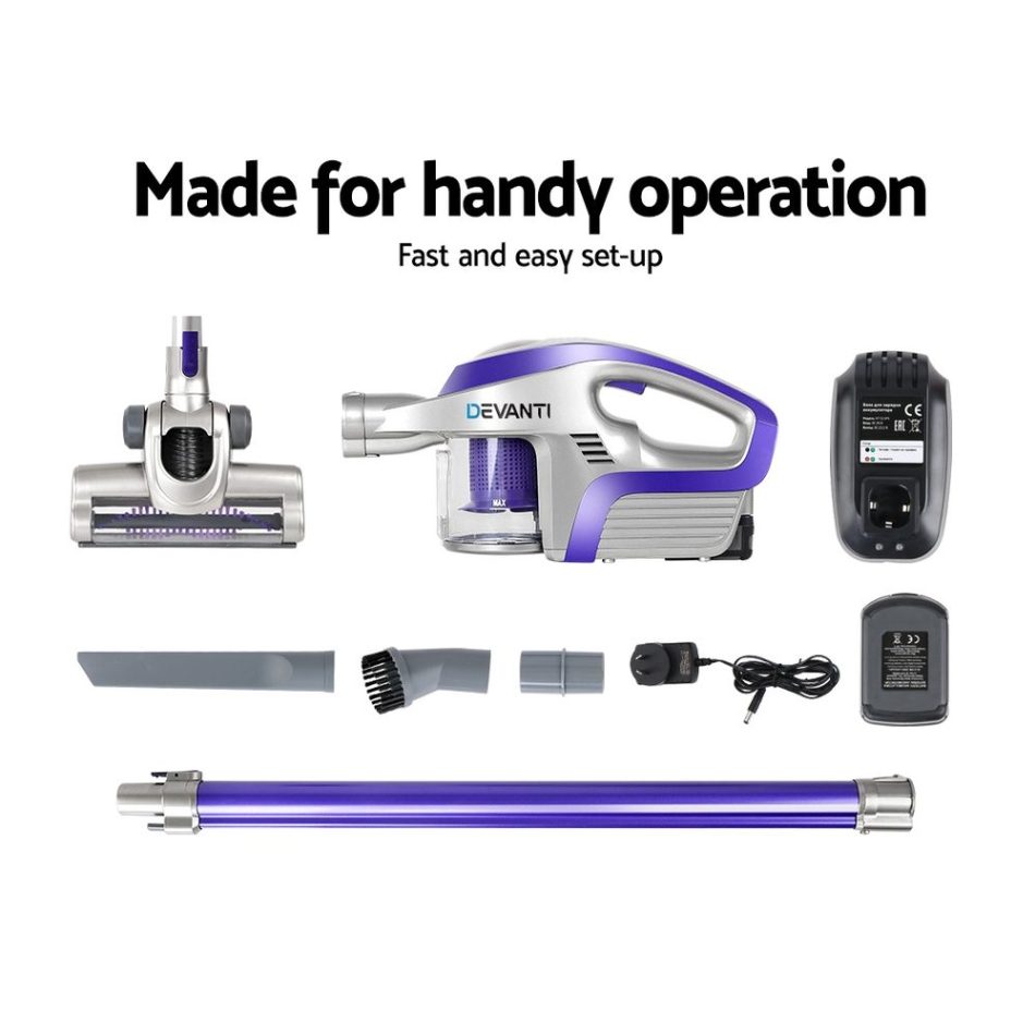 Devanti Stick Vacuum Cleaner Bagless Cordless 150W Purple - Image 6