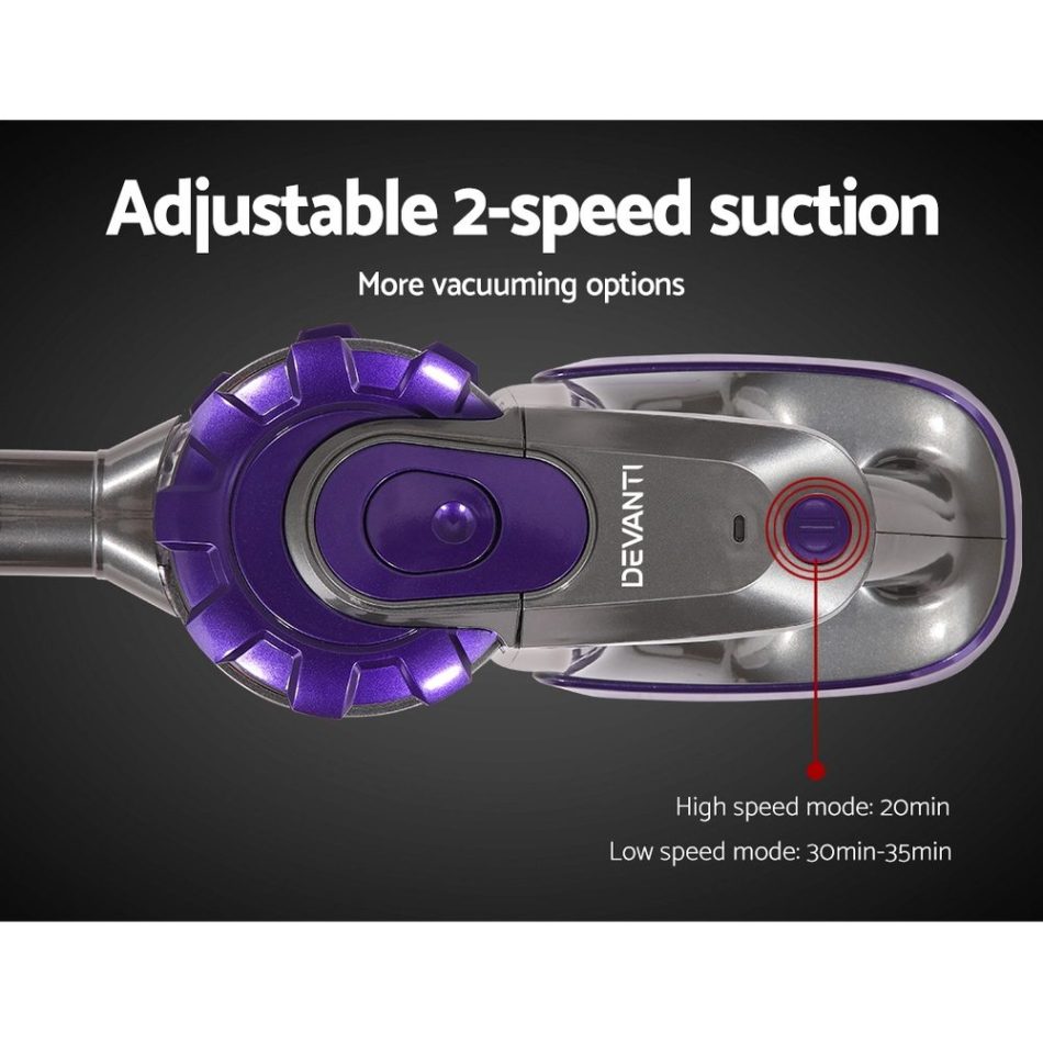 Devanti Stick Vacuum Cleaner Cordless Roller Brush 150W Purple - Image 4