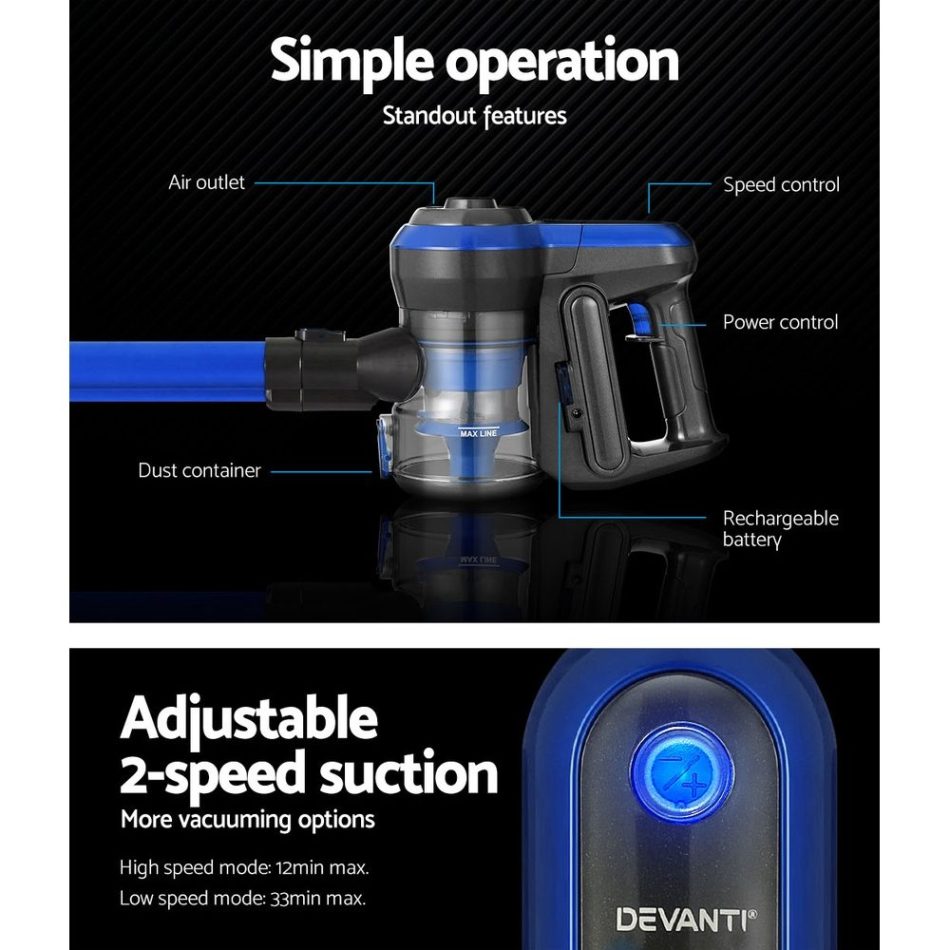Devanti Stick Vacuum Cleaner Brushless Cordless 250W Blue - Image 4