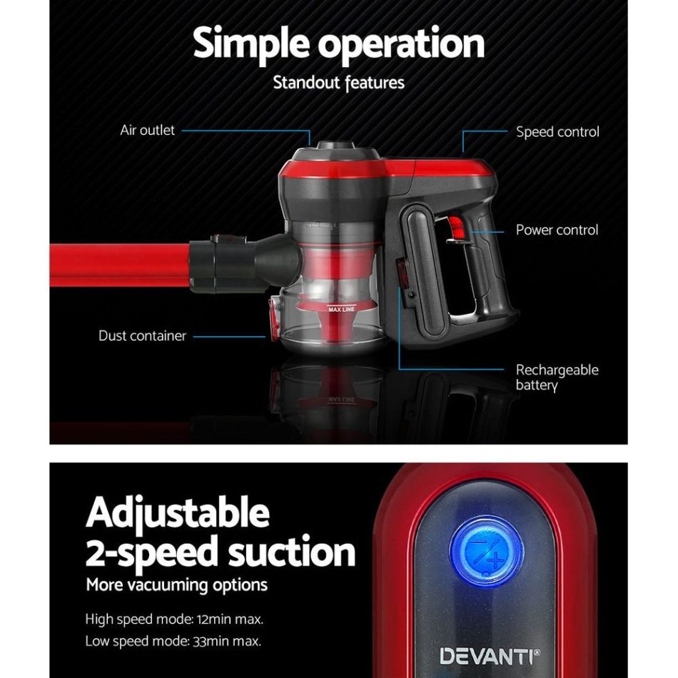 Devanti Stick Vacuum Cleaner Brushless Cordless 250W Red - Image 4