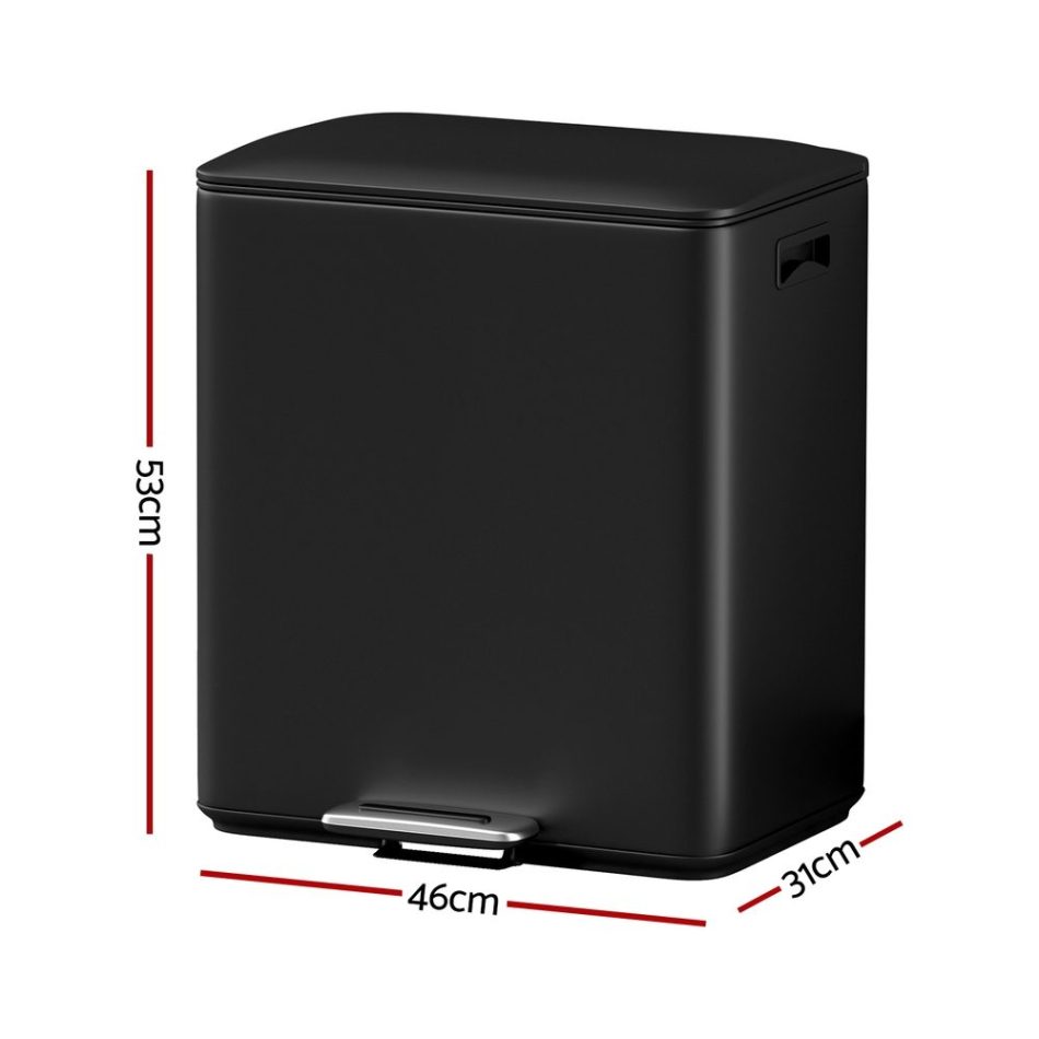 Cefito Pedal Bins Rubbish Bin Dual Compartment Waste Recycle Dustbins 40L Black - Image 2