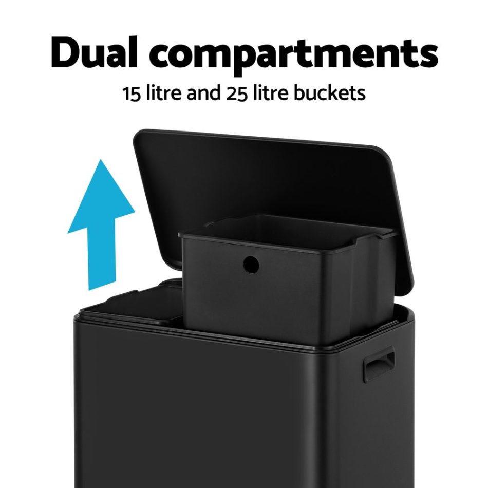 Cefito Pedal Bins Rubbish Bin Dual Compartment Waste Recycle Dustbins 40L Black - Image 4