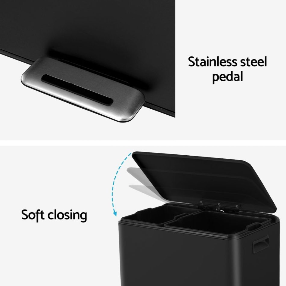 Cefito Pedal Bins Rubbish Bin Dual Compartment Waste Recycle Dustbins 40L Black - Image 6