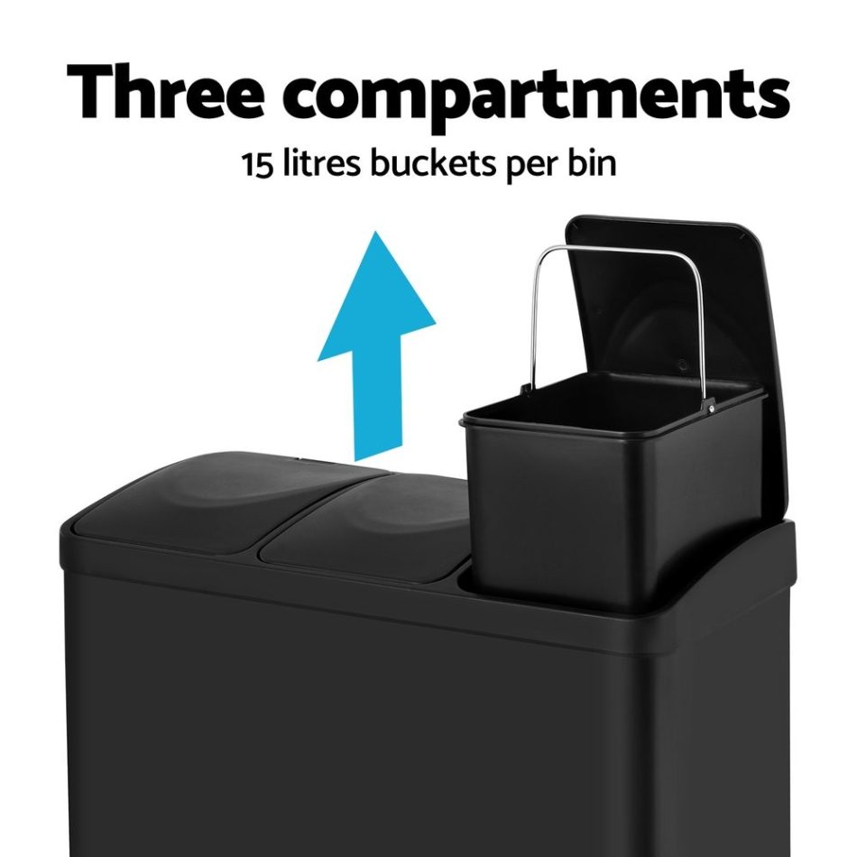 Cefito Pedal Bins Rubbish Bin Triple Compartments Waste Recycle Dustbins 45L - Image 4