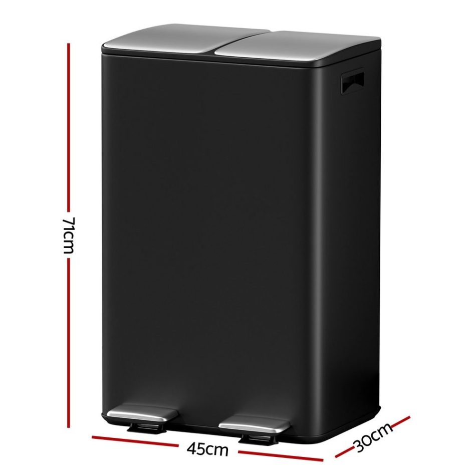 Cefito Pedal Bins Rubbish Bin Dual Compartment Waste Recycle Dustbins 60L Black - Image 2