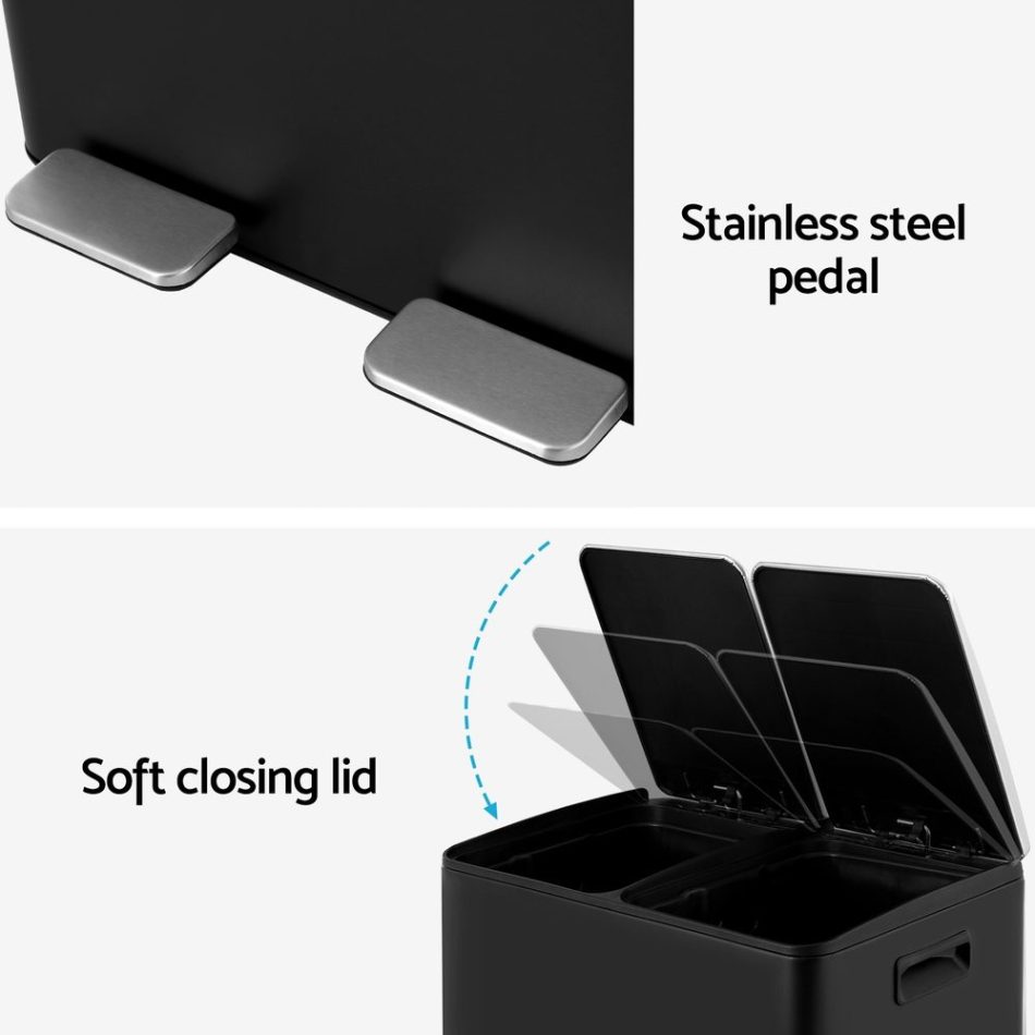 Cefito Pedal Bins Rubbish Bin Dual Compartment Waste Recycle Dustbins 60L Black - Image 6