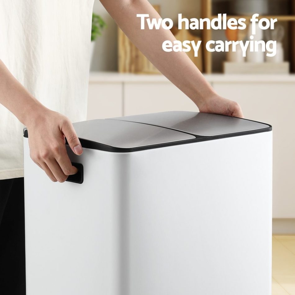 Cefito Pedal Bins Rubbish Bin Dual Compartment Waste Recycle Dustbins 60L White - Image 5