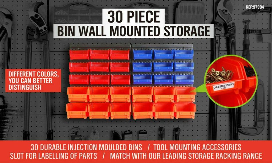 30 Bins Tool Storage Wall Mounted Organiser Parts Garage Workshop Box Heavy Duty - Image 2