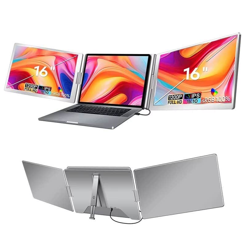 16 inch Portable Triple Screen Extender for laptop FHD+ 1200p (USB4-C Thunderbolt 1 cable connection) - Freestanding