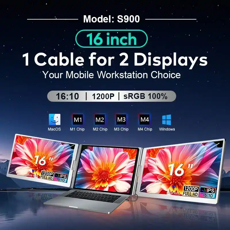 16 inch Portable Triple Screen Extender for laptop FHD+ 1200p (USB4-C Thunderbolt 1 cable connection) - Freestanding - Image 3