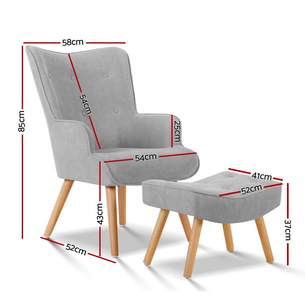Artiss Armchair and Ottoman - Light Grey - Image 2
