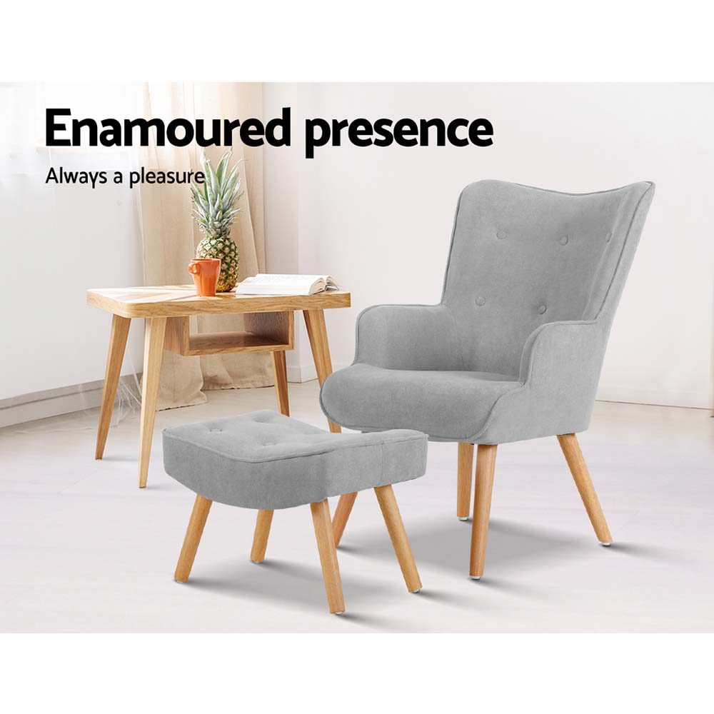 Artiss Armchair and Ottoman - Light Grey - Image 3