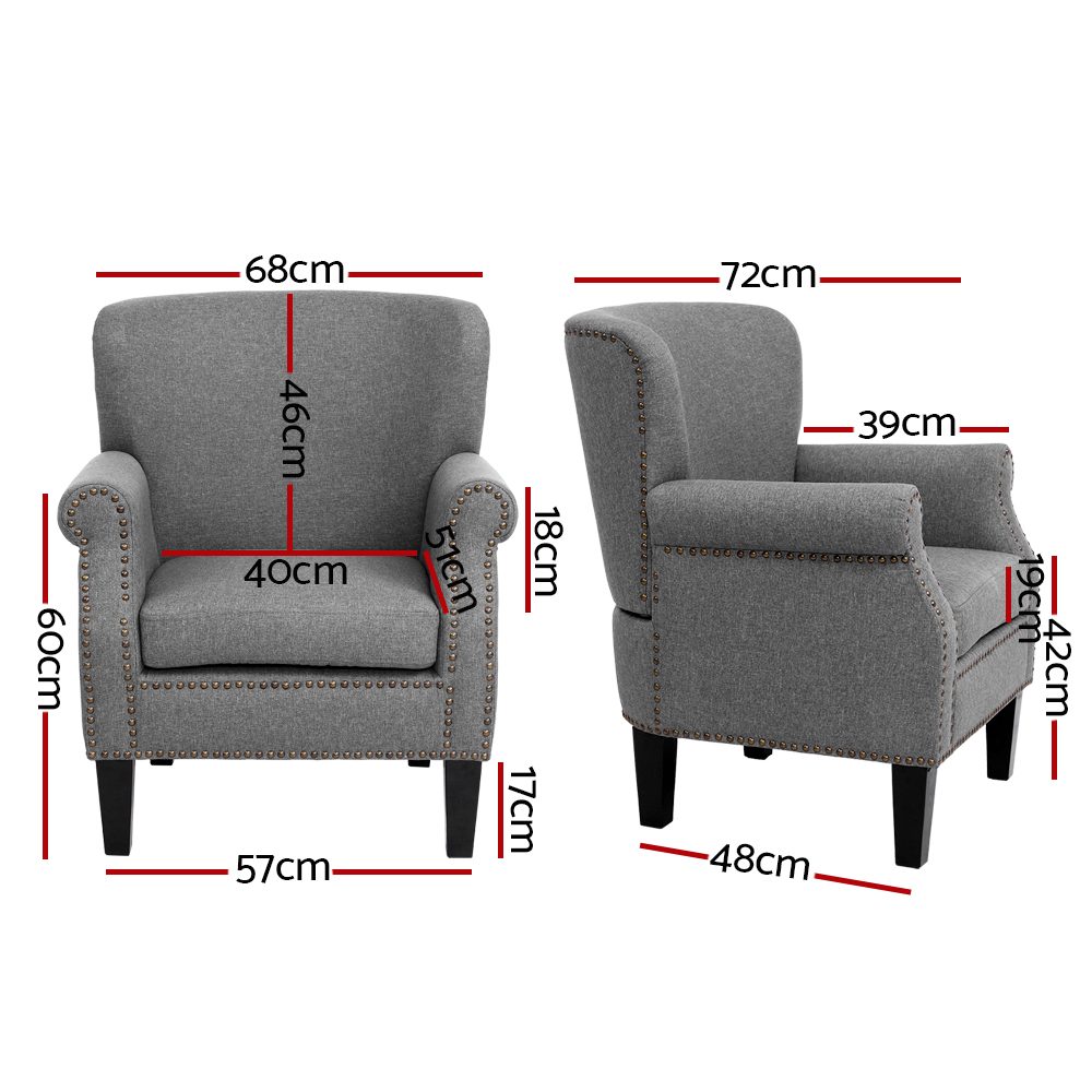 Artiss Armchair Accent Chair Retro Armchairs Lounge Accent Chair Single Sofa Linen Fabric Seat Grey - Image 2