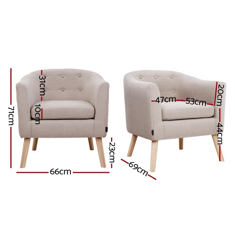 Artiss ADORA Armchair Tub Chair Single Accent Armchairs Sofa Lounge Fabric Beige - Image 2