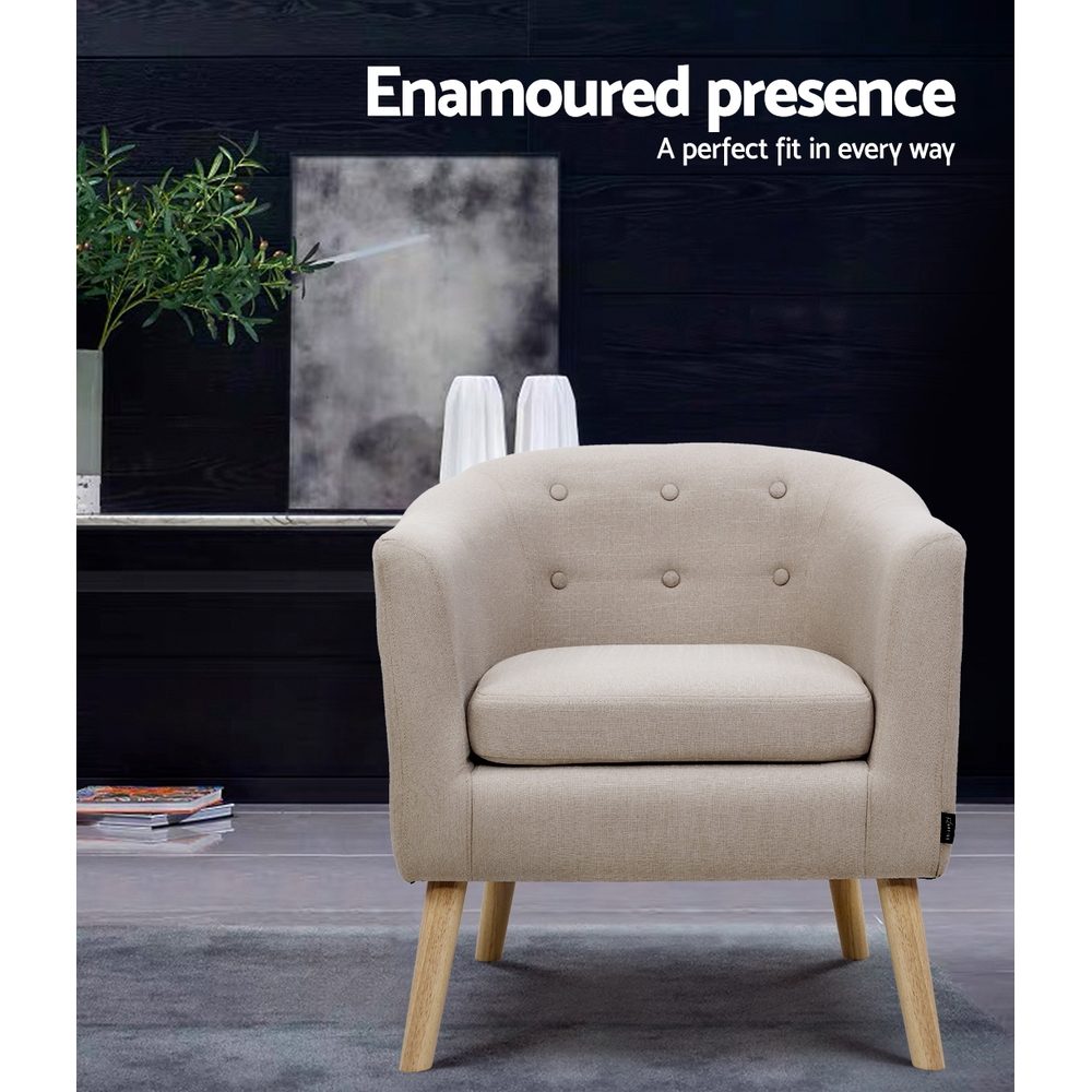 Artiss ADORA Armchair Tub Chair Single Accent Armchairs Sofa Lounge Fabric Beige - Image 3