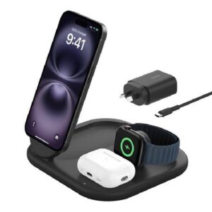 Belkin BoostCharge 3-in-1 Magnetic Foldable Qi2 Wireless Charger + 36W Wall Charger + USB-C Cable (1.5M) - Black (WIZ029auBK), 15W, 2 Years Warranty