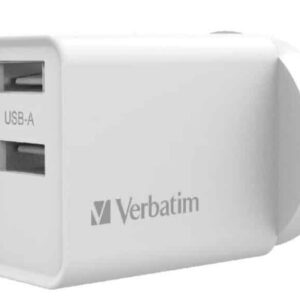Verbatim USB Charger Dual Port 2.4A each Total 5v 3.4A White Wall Charger, Rohs, CE, Apple, Android, tablet, Handheld. OC, OV, SS, OT, Fire Resistant.