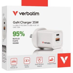 Verbatim 2 Port 35 Watt Portable GaN charger, 1 x USB-C PD 35w, 1x USB-A QC 3.0, Compact Design Apple, Android, Samsung, Google, Huawei, Oppo