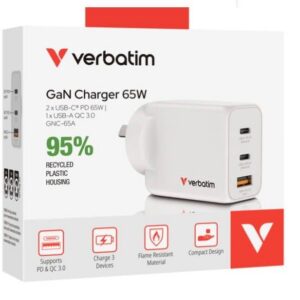 Verbatim 3 Port 65 Watt Portable GaN charger, 2 x USB-C PD 65w, 1x USB-A QC 3.0, GNC-65A Compact Design Apple, Android, Samsung, Google, Huawei, Oppo,