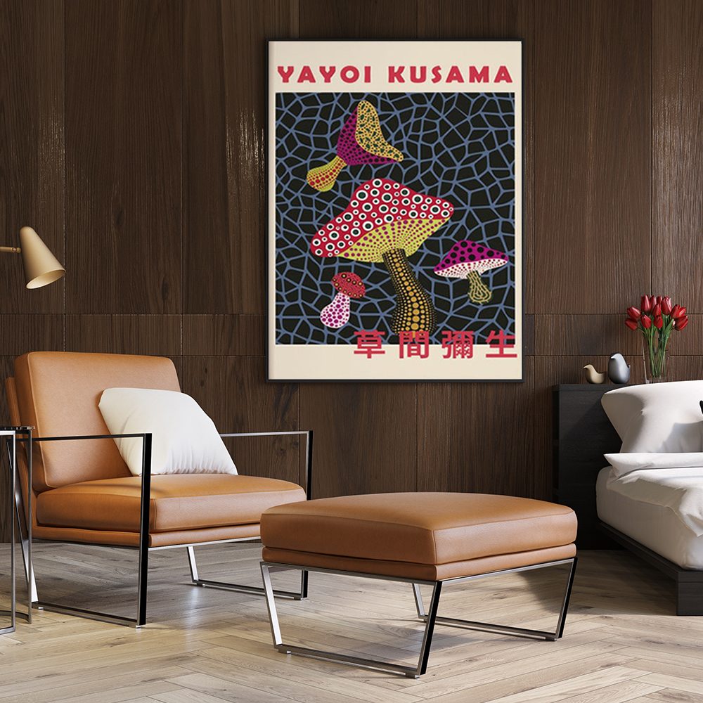 Wall Art Mushroom By Yayoi Kusama Black Frame Canvas 60cmx90cm - Image 2
