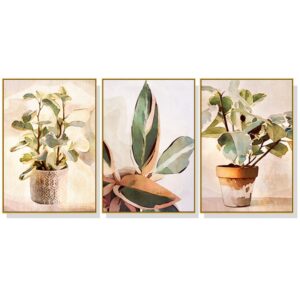 Wall Art Botanical Leaves Watercolor Style 3 Sets Gold Frame Canvas