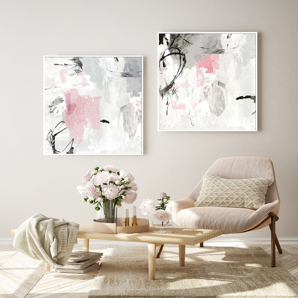 Wall Art 70cmx70cm Abstract Pink Grey 2 Sets White Frame Canvas - Image 3