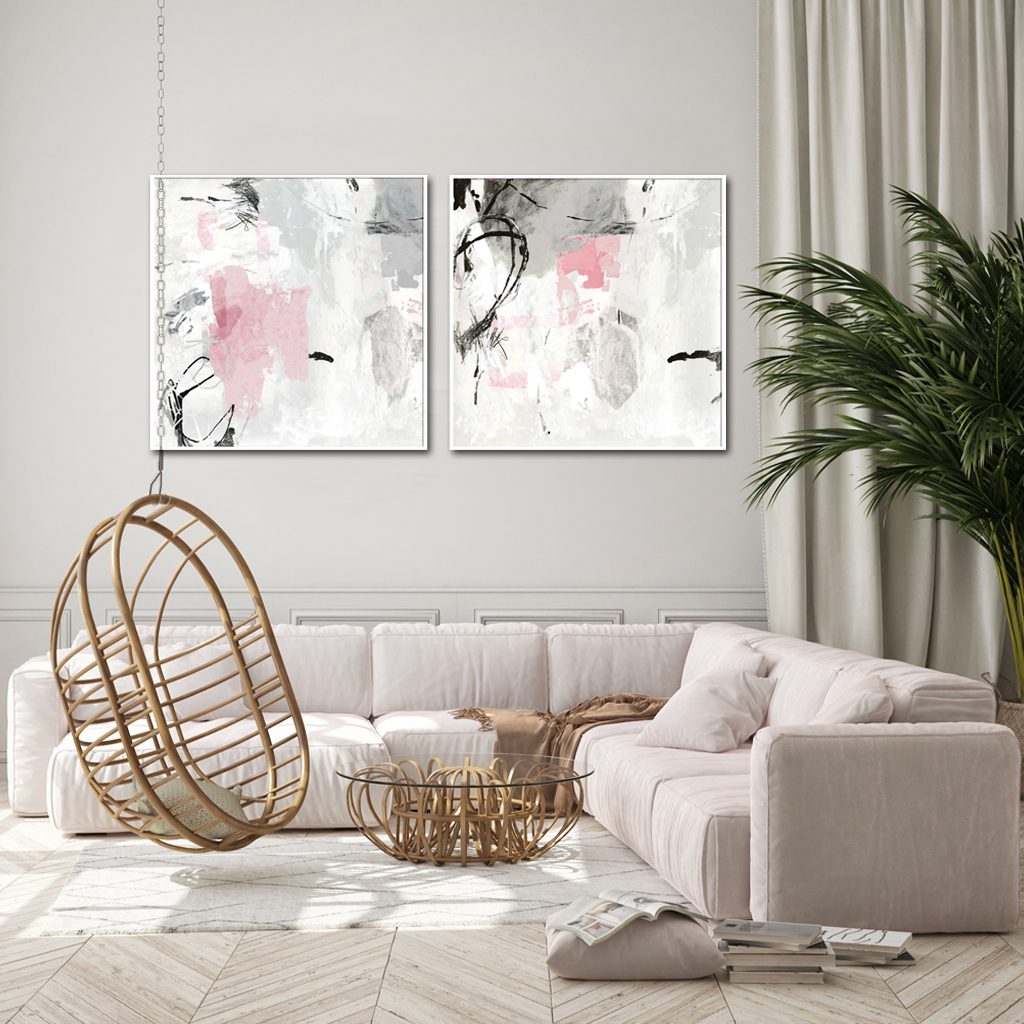 Wall Art 70cmx70cm Abstract Pink Grey 2 Sets White Frame Canvas - Image 4