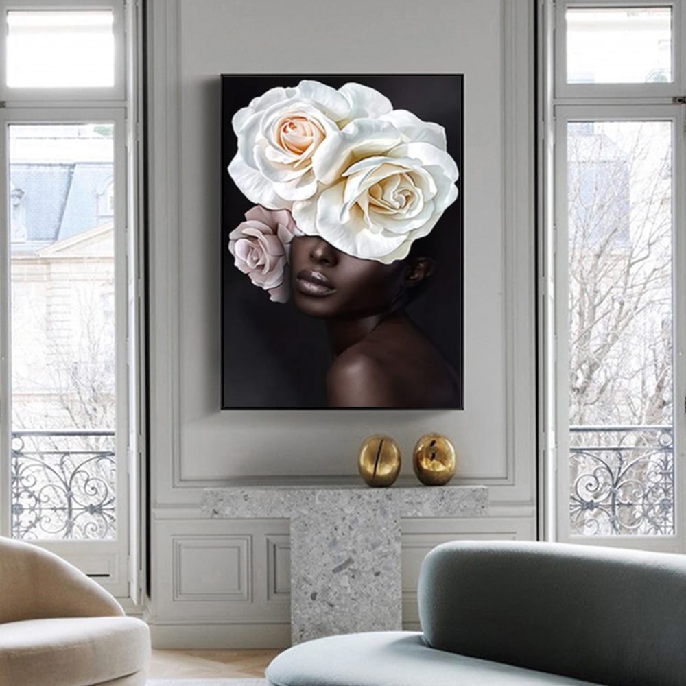 Wall Art 50cmx70cm Flower African Woman Black Frame Canvas - Image 2
