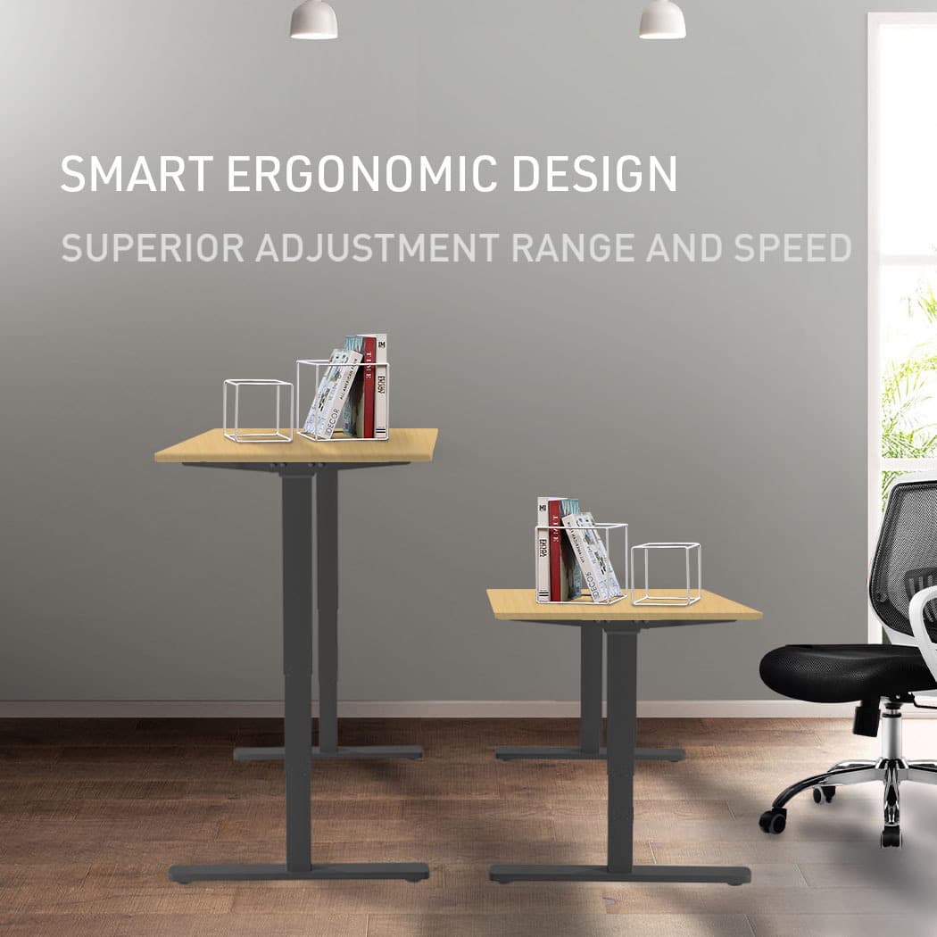 Fortia Sit To Stand Up Standing Desk, 140x60cm, 72-118cm Electric Height Adjustable, 70kg Load, White Oak Style/Black Frame - Image 2