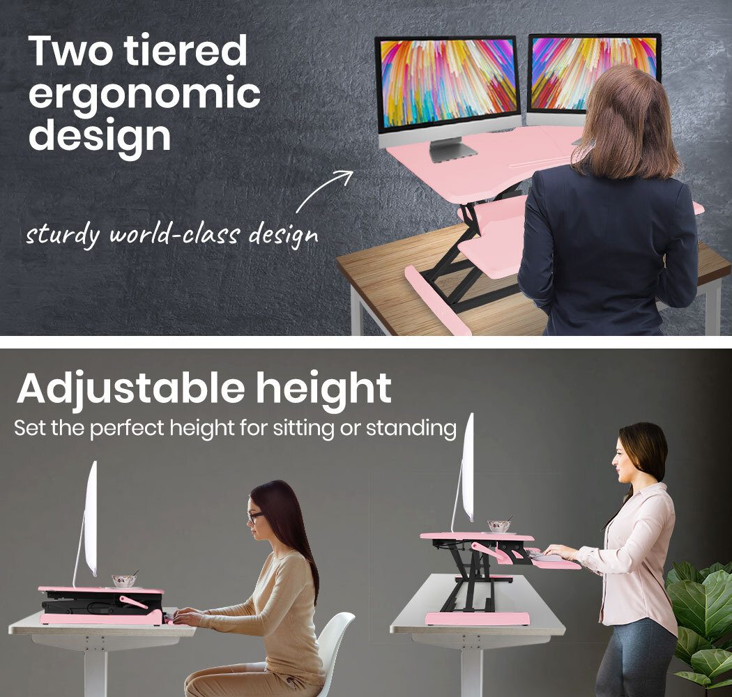 Fortia Desk Riser 77cm Wide Adjustable Sit to Stand for Dual Monitor, Keyboard, Laptop, Pink - Image 2
