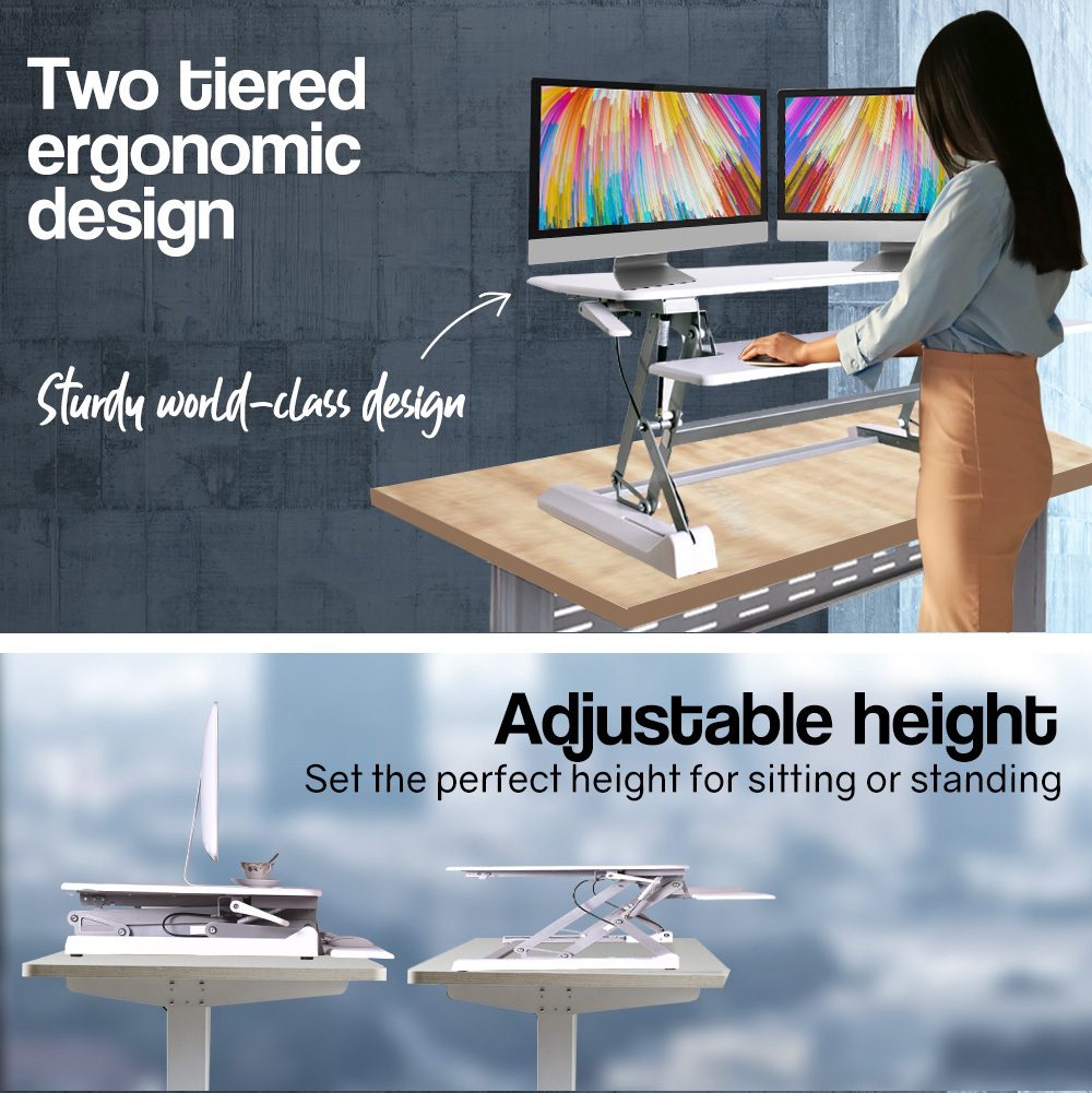 Fortia Desk Riser 90cm Wide Adjustable Sit to Stand for Dual Monitor, Keyboard, Laptop, White - Image 3